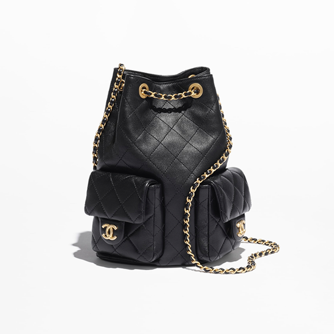 chanel quilted lambskin drawstring dual pocket backpack bag